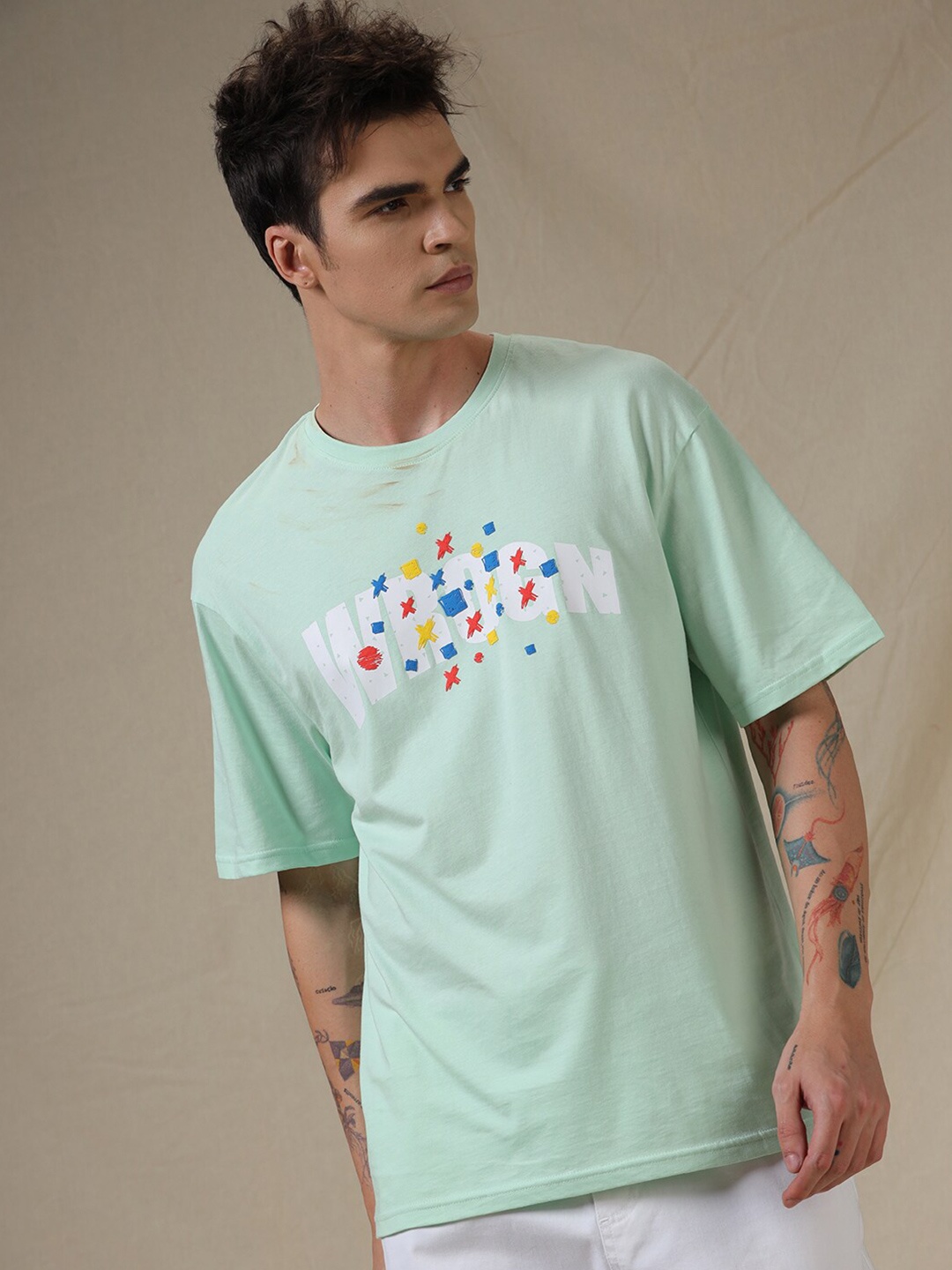 

WROGN Typography Printed Round Neck Drop-Shoulder Sleeves Oversized T-shirt, Blue