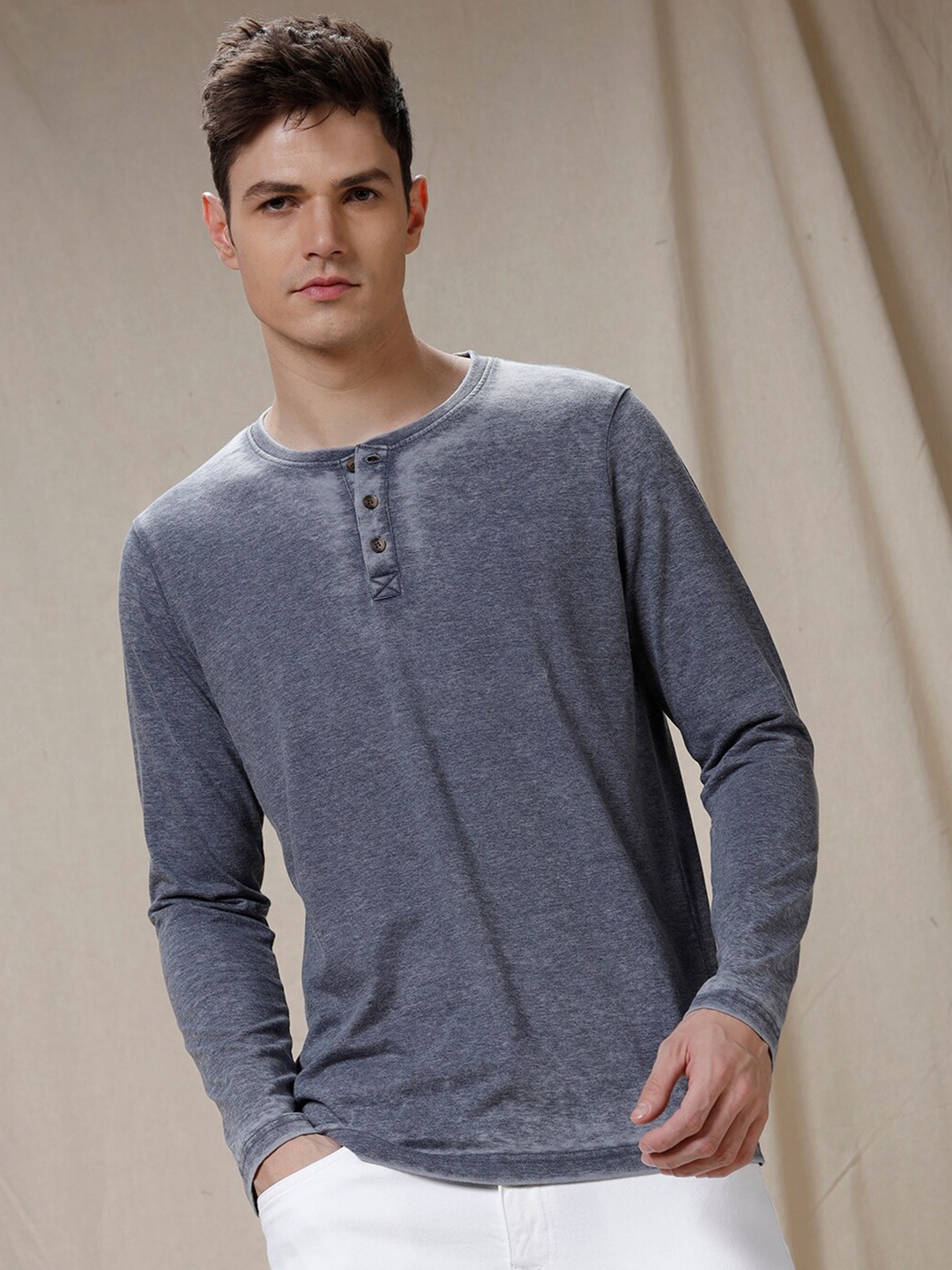 

WROGN Henley Neck Long Sleeves Slim Fit T-shirt, Blue