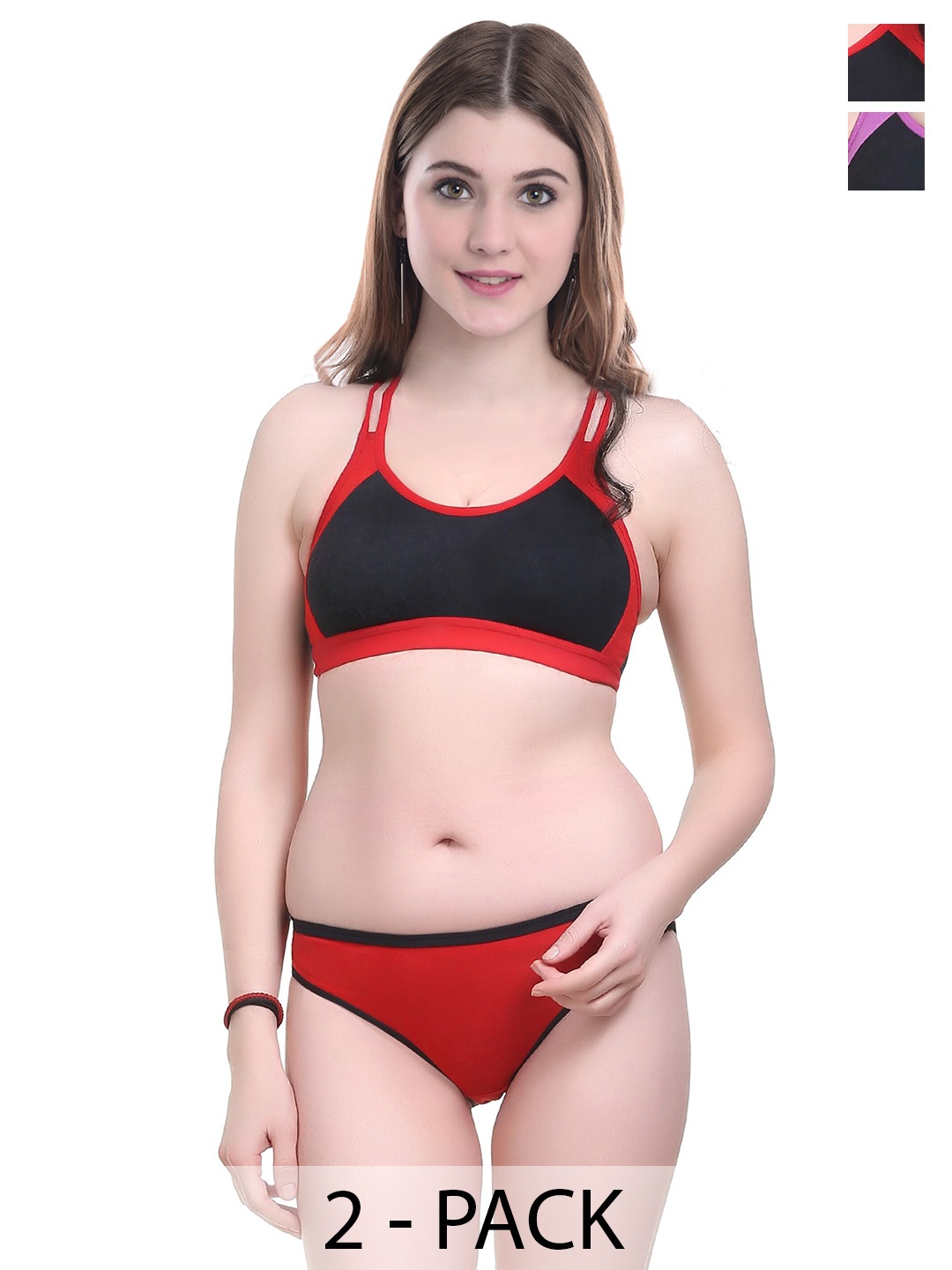 PIBU Pack Of 2 Cotton Bra Panty Lingerie Set, Red