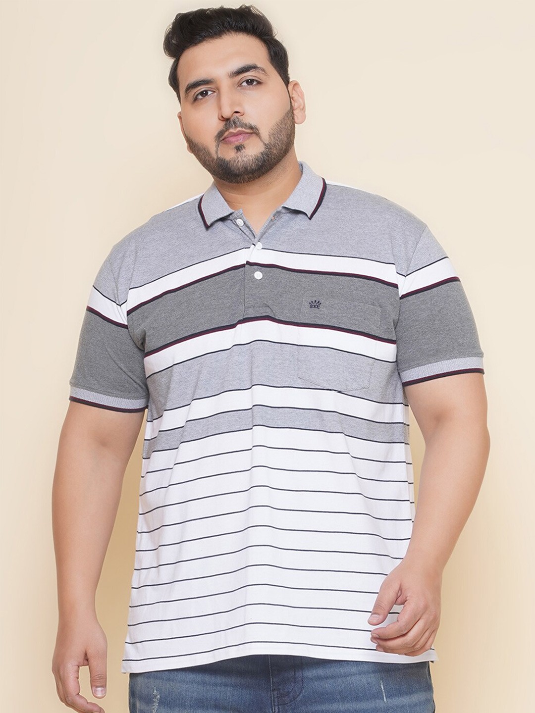 

John Pride Polo Collar Striped Short Sleeves Regular Plus Size T-shirt, Grey