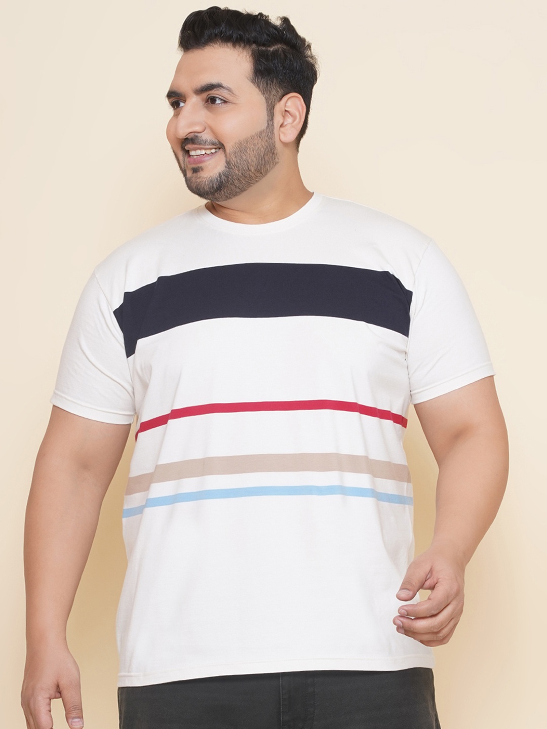 John Pride Plus Size Round Neck Striped Cotton T-shirt, Beige