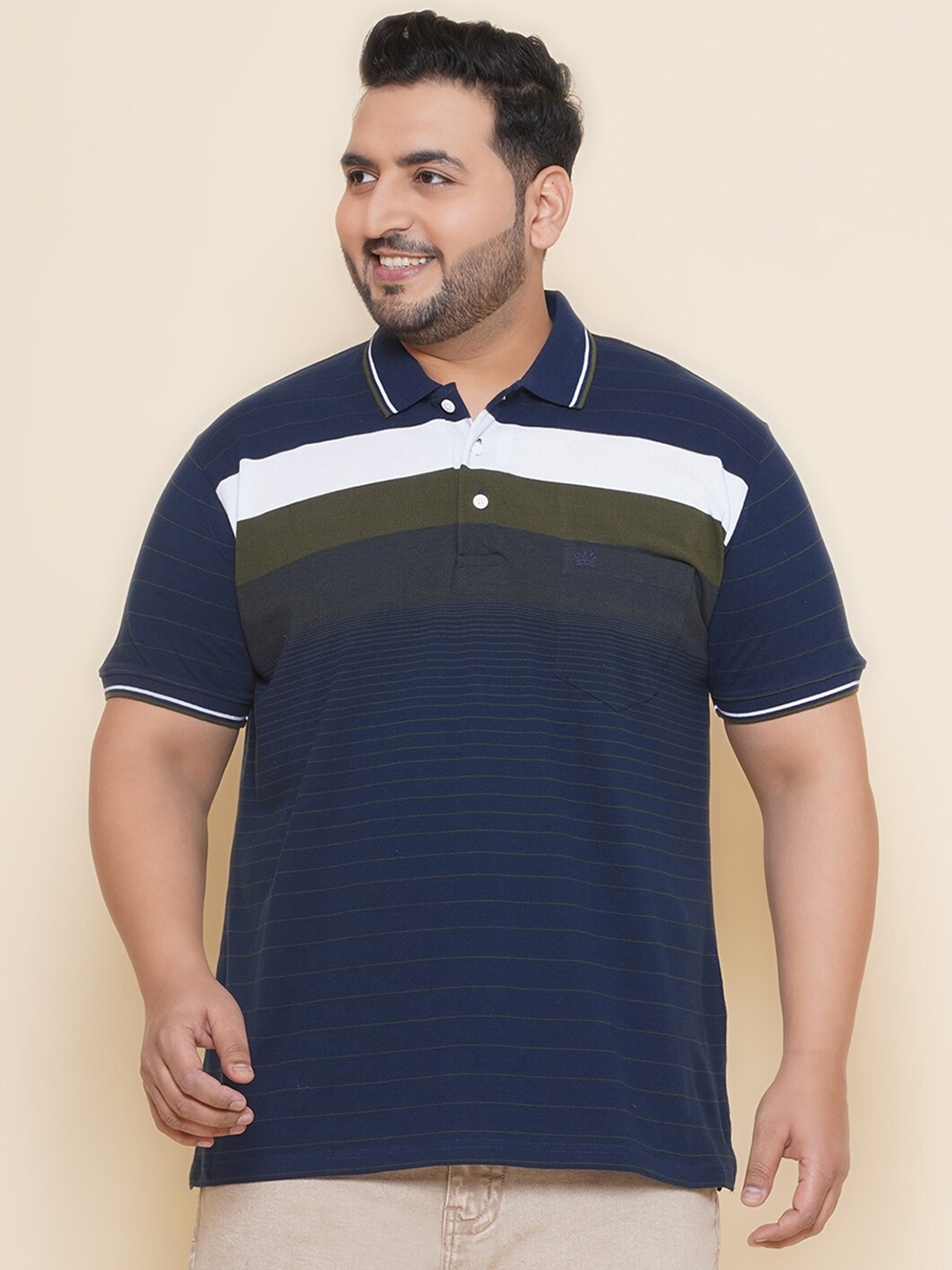 

John Pride Plus Size Colourblocked Polo Collar Pockets Cotton T-shirt, Navy blue