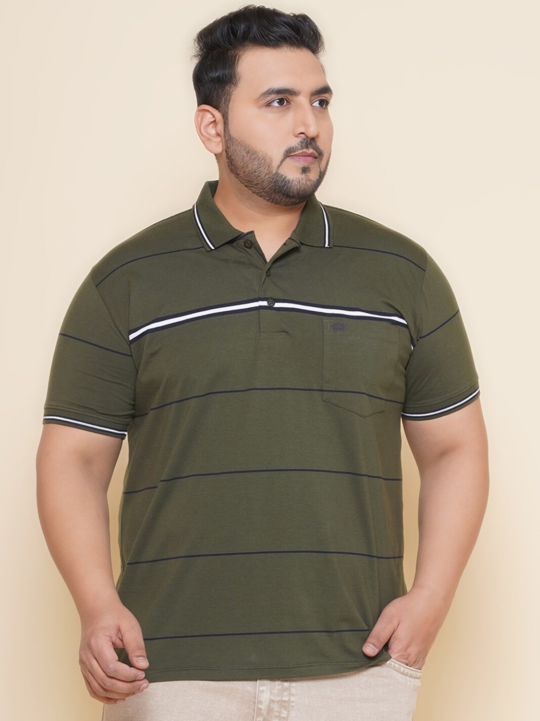 

John Pride Polo Collar Striped Short Sleeves Regular Plus Size T-shirt, Green