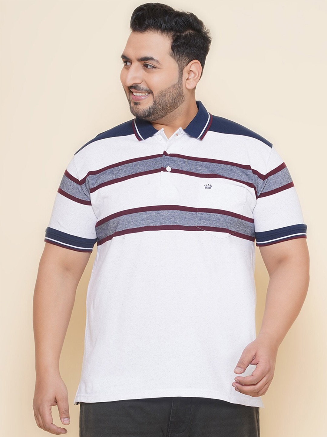 

John Pride Striped Polo Collar Short Sleeves Cotton Regular Plus Size T-shirt, White