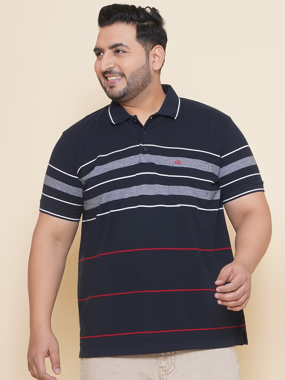 

John Pride Plus Size Striped Polo Collar Cotton T-shirt, Navy blue