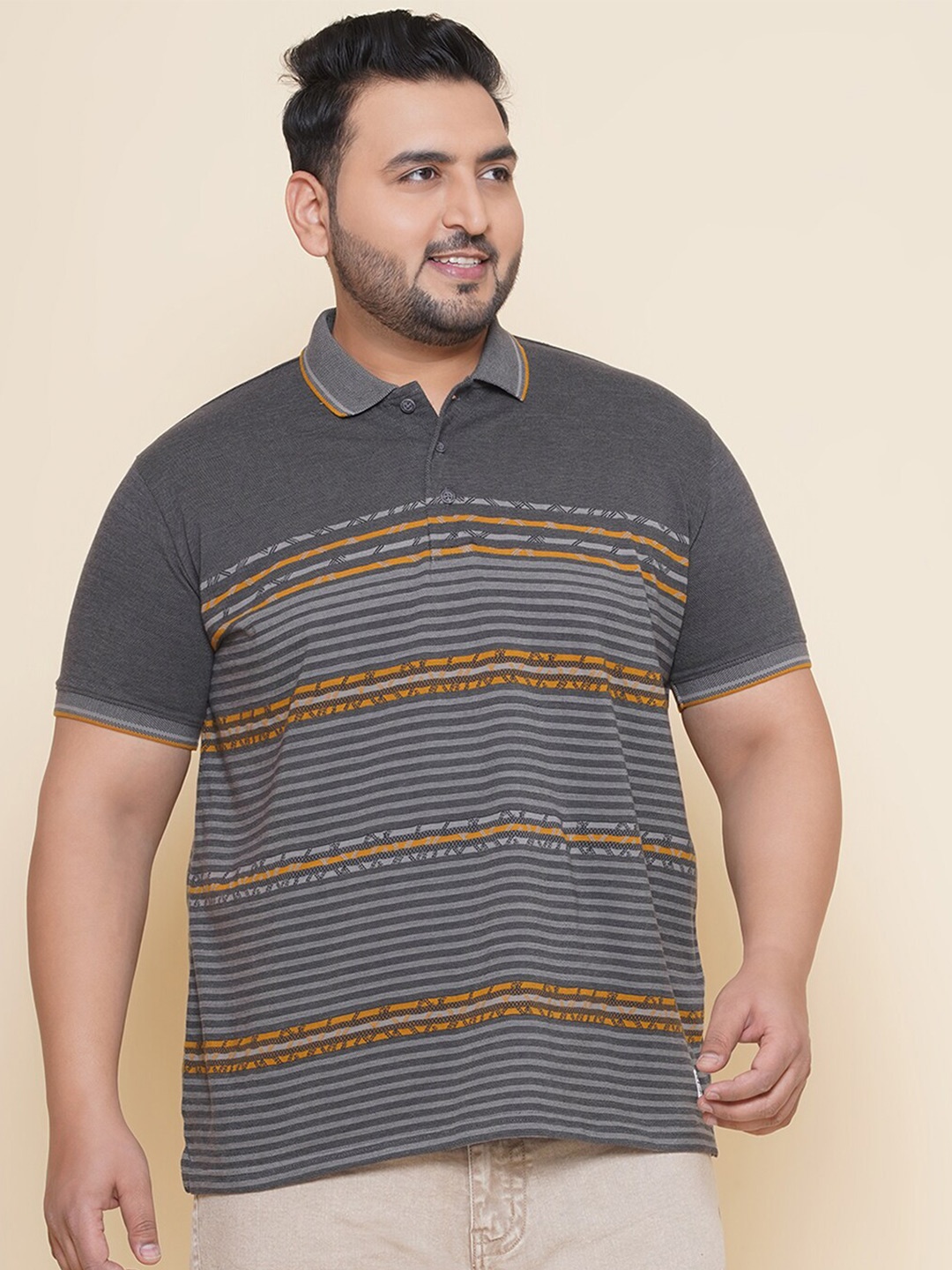 

John Pride Polo Collar Striped Short Sleeves Regular Plus Size T-shirt, Grey