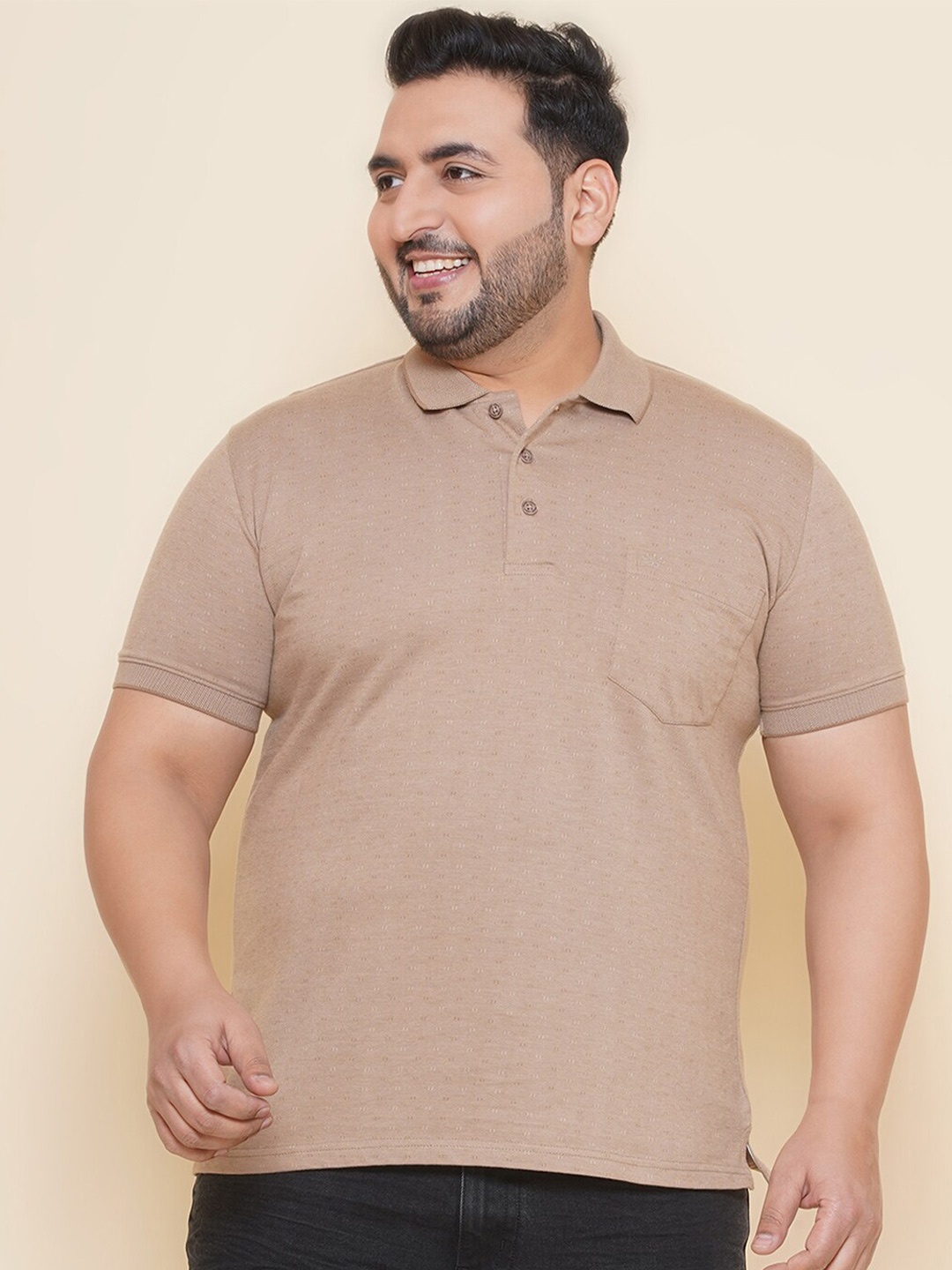 

John Pride Plus Size Polo Collar Pockets Cotton T-shirt, Brown