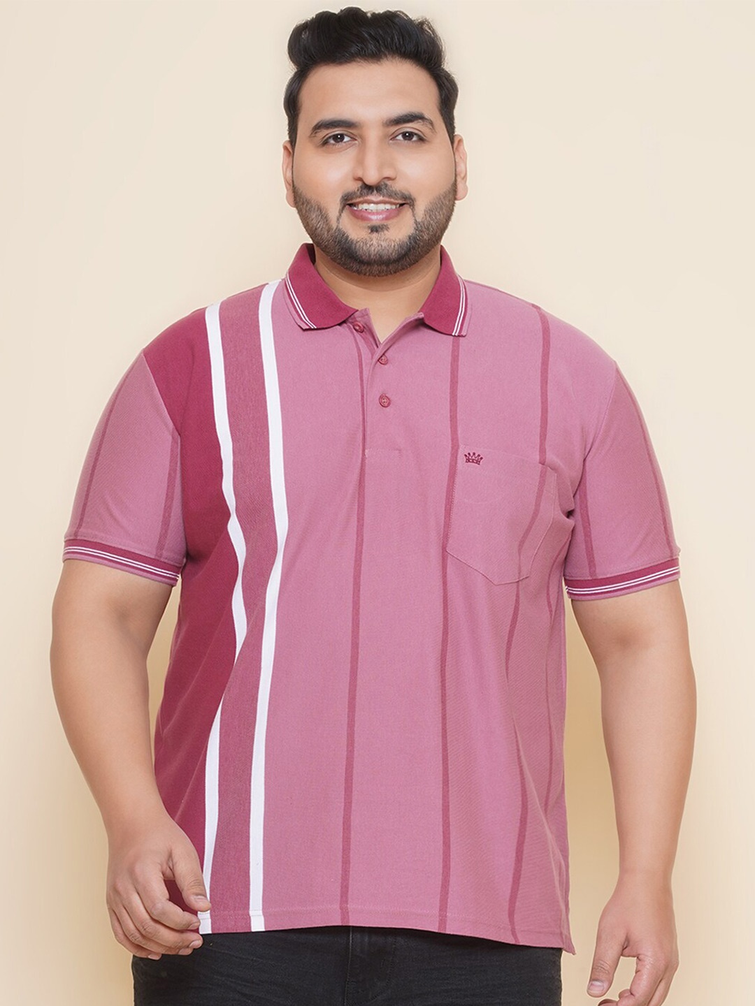 

John Pride Polo Collar Striped Short Sleeves Regular Plus Size T-shirt, Pink