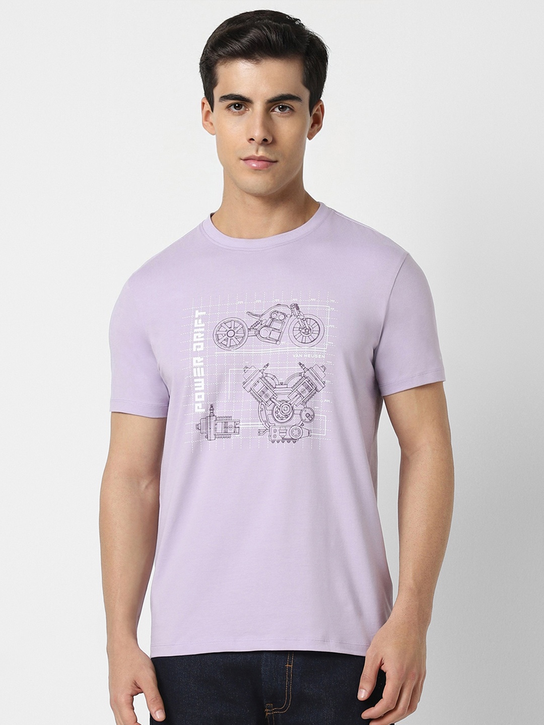VAN HEUSEN DENIM LABS Graphic Printed Round Neck Pure Cotton T-shirt, Purple