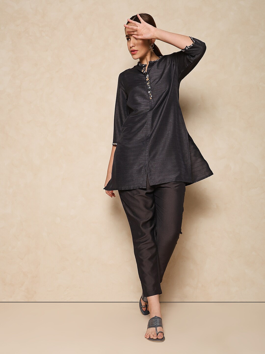 

Indifusion Striped Mandarin Collar Top With Trousers Co-Ords, Black