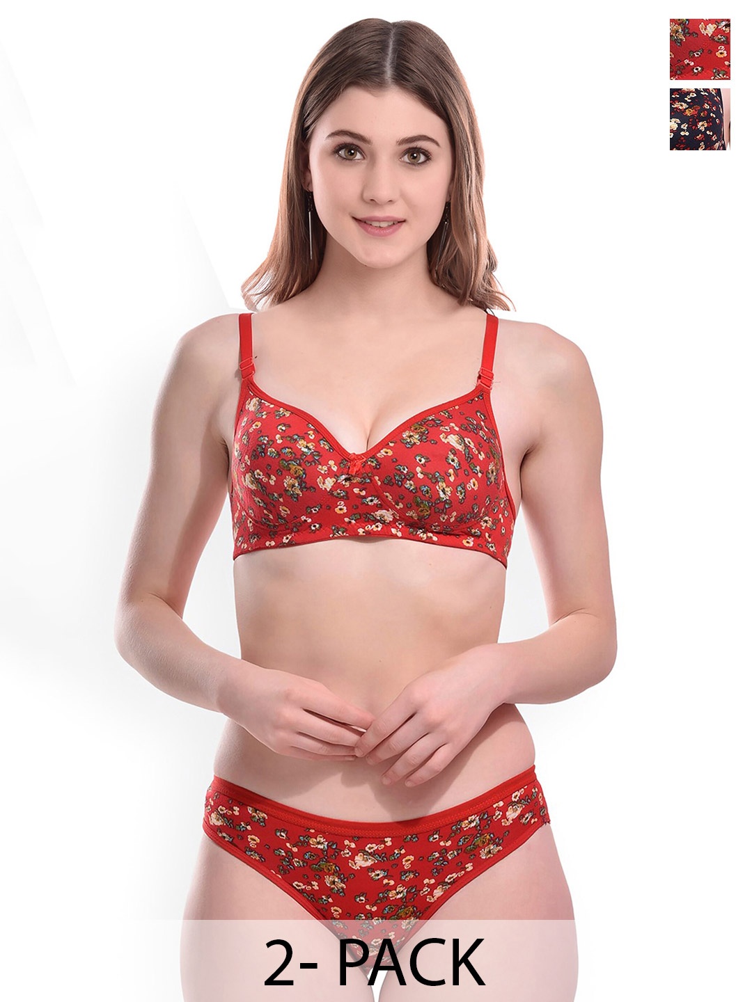 

Aamarsh Pack Of 2 Printed Cotton Lightly Padded Bra With Briefs, Red