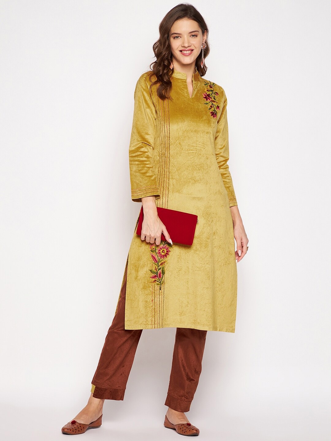 

Zigo Winter Wear Floral Embroidered Mandarin Collar Thread Work Velvet Kurta with Trousers, Mustard