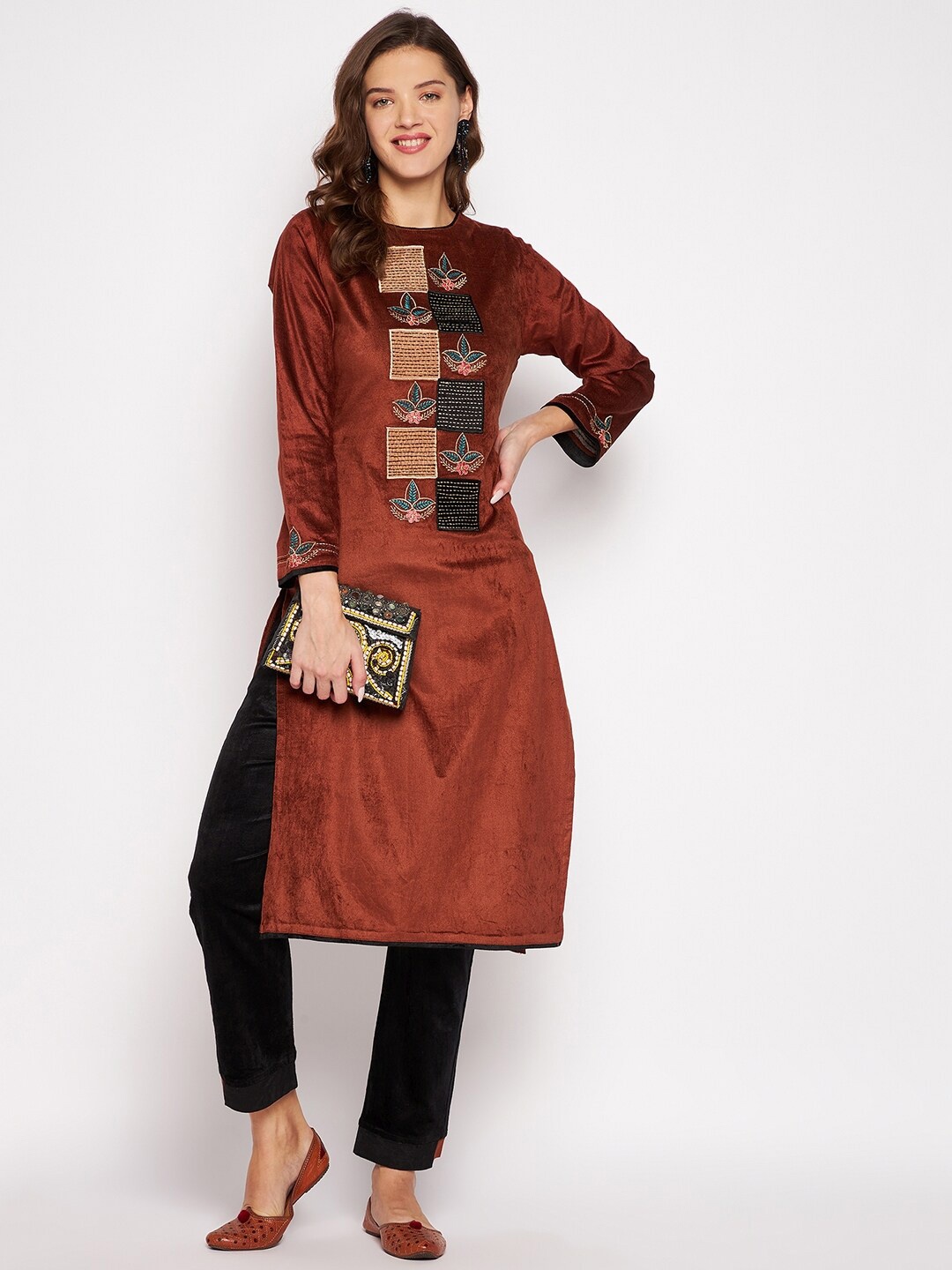 

Zigo Winter Wear Ethnic Motifs Embroidered Thread Work Velvet Kurta with Trousers, Coffee brown