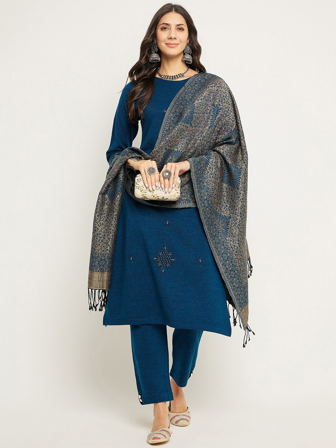 

Zigo Winter Wear Floral Embroidered Beads and Stones Acrylic Kurta With Trousers & Dupatta, Teal