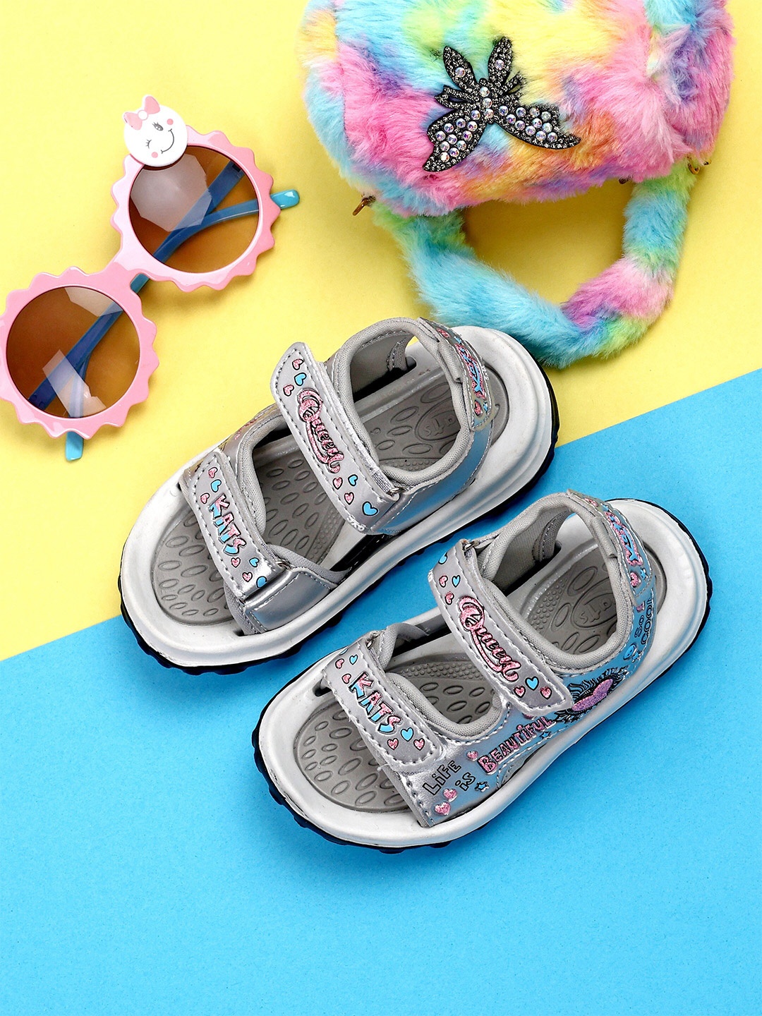 

KATS Girls Typography Embroidered Open Toe Comfort Sandals, Silver
