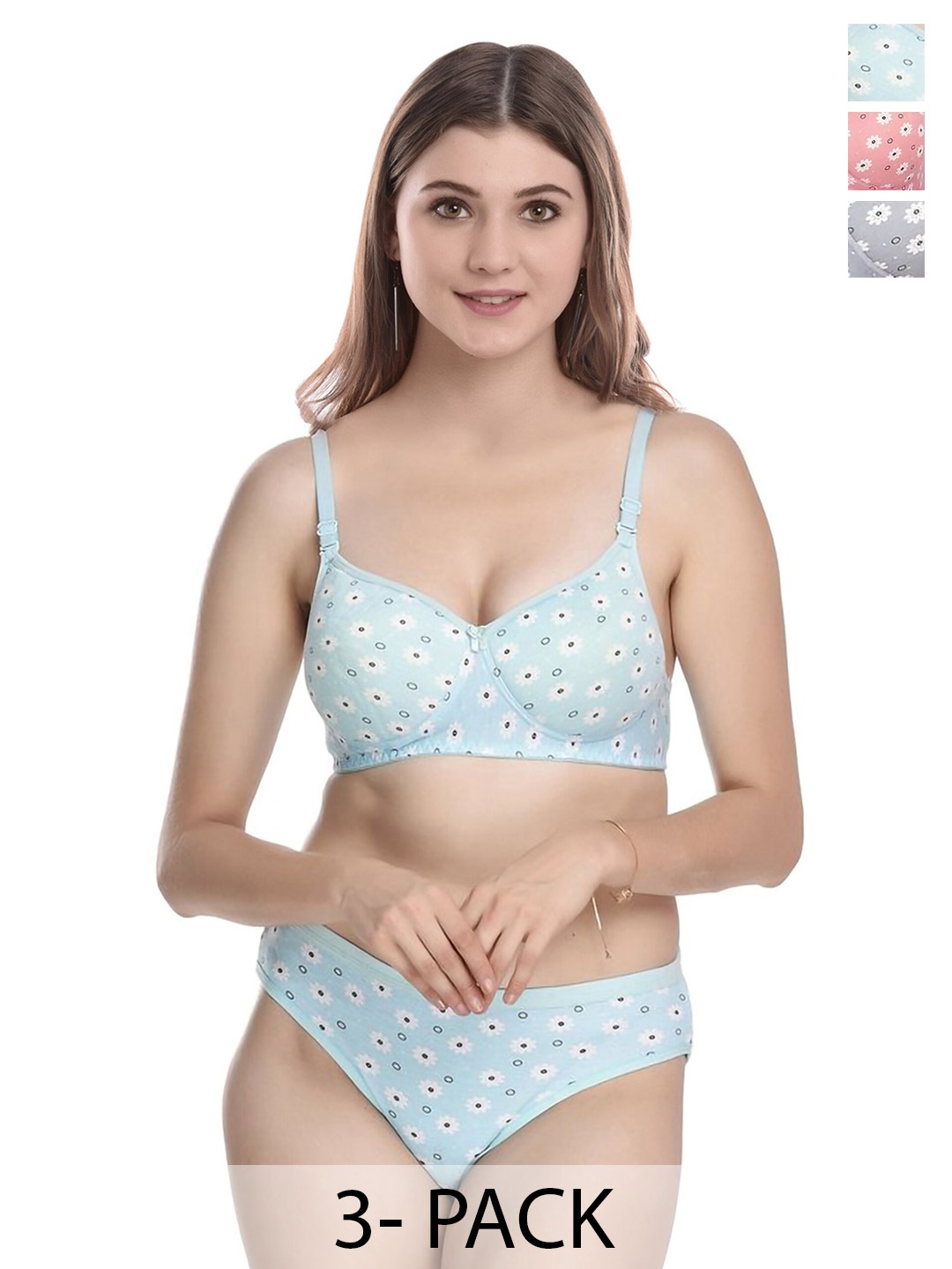 

Aamarsh Pack Of 3 Printed Cotton Lightly Padded Bra With Briefs, Blue