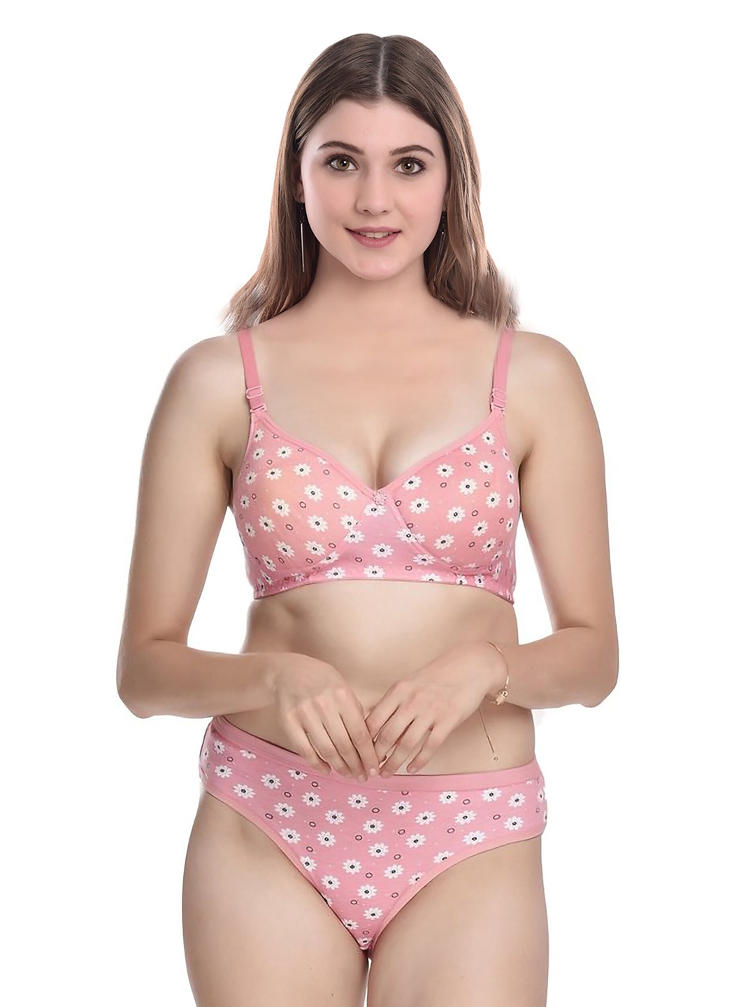 

Aamarsh Printed Cotton Lightly Padded Bra With Briefs, Pink