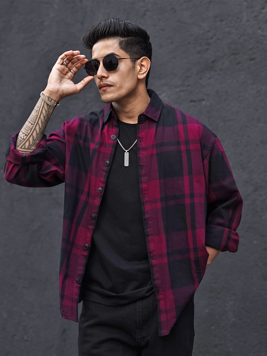 

Powerlook Tartan Checks Cotton Checked Oversized Casual Shirt, Maroon