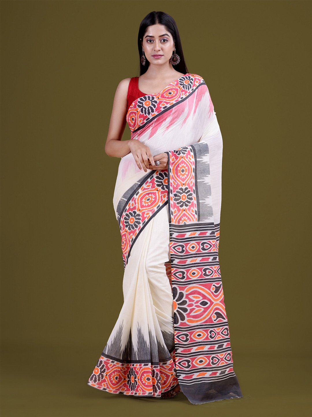 

HOUSE OF ARLI Floral Woven Design Pure Cotton Saree, White