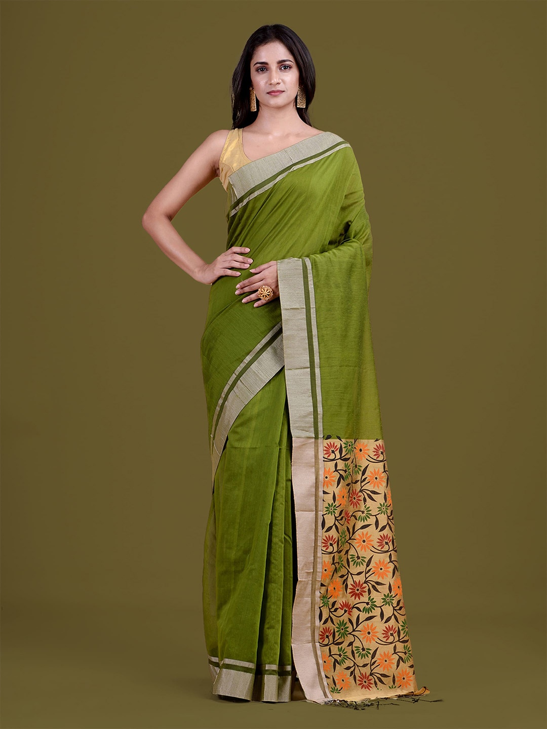 

HOUSE OF ARLI Floral Pure Cotton Saree, Olive