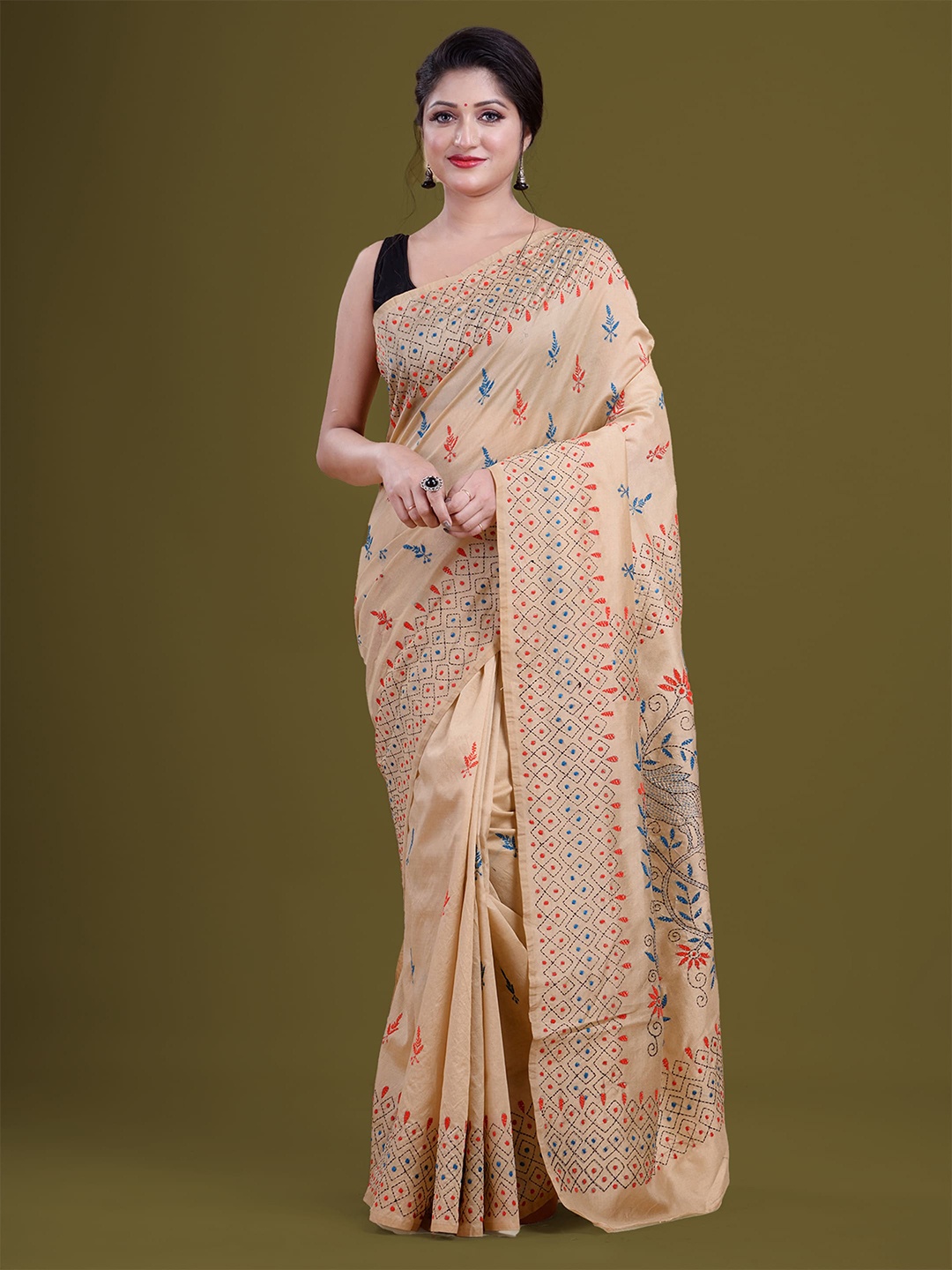 HOUSE OF ARLI Floral Kantha Work Saree, Beige