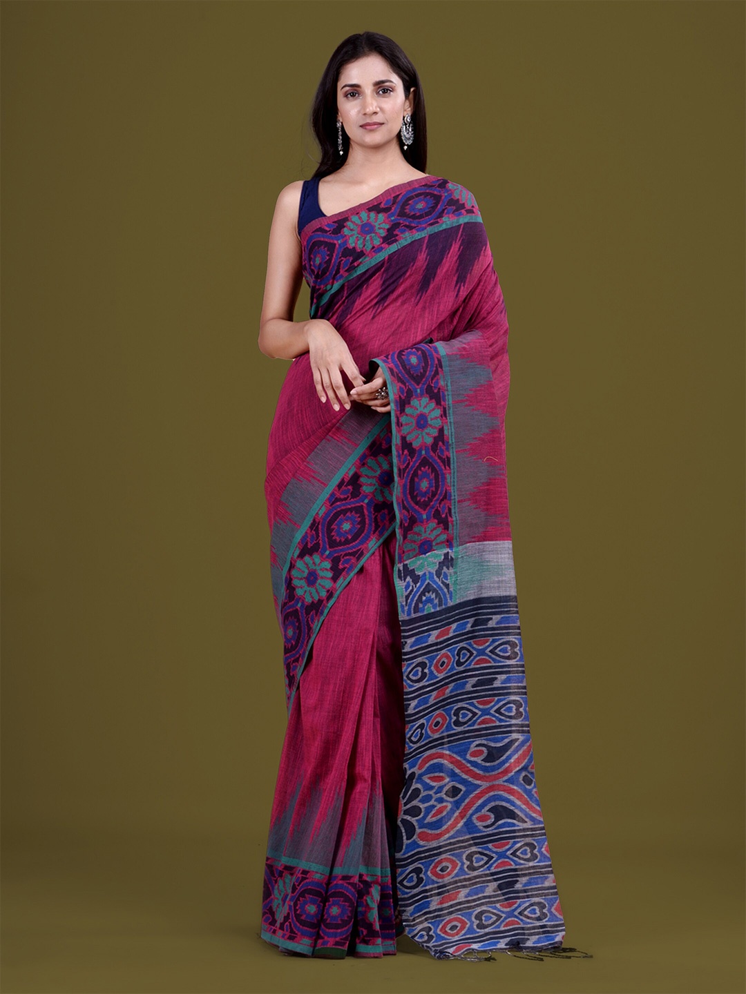 

HOUSE OF ARLI Floral Woven Design Pure Cotton Saree, Magenta