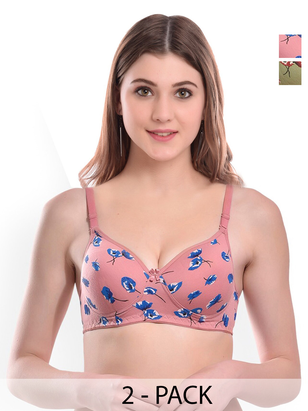 

Aamarsh Pack Of 2 Floral Printed Cotton Lightly Padded Bra & Mid-Rise Briefs, Pink