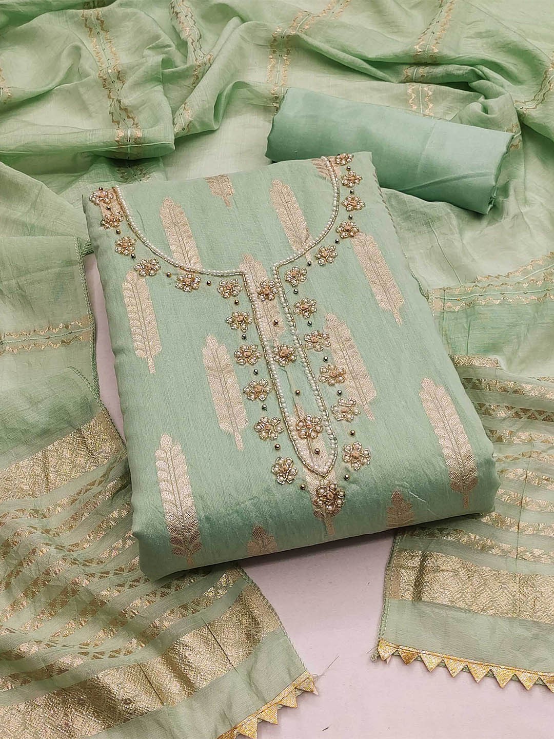 

KALINI Woven Design Beads & Stone Banarasi Jacquard Unstitched Dress Material, Green