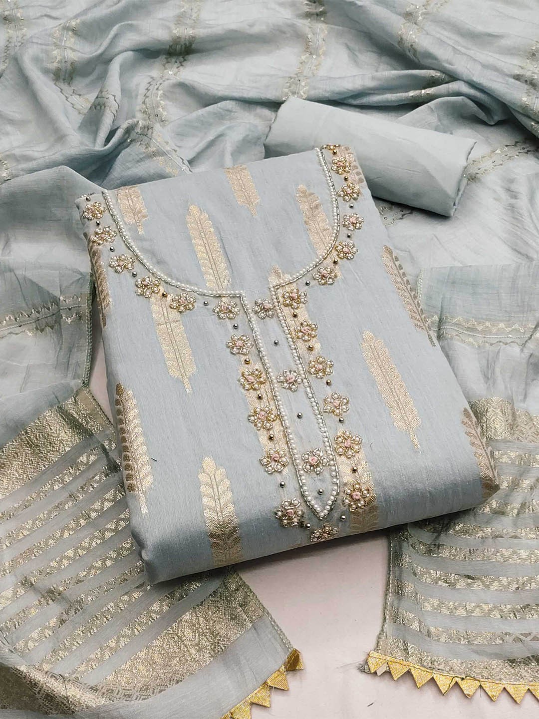 

KALINI Woven Design Beads & Stone Banarasi Jacquard Unstitched Dress Material, Grey