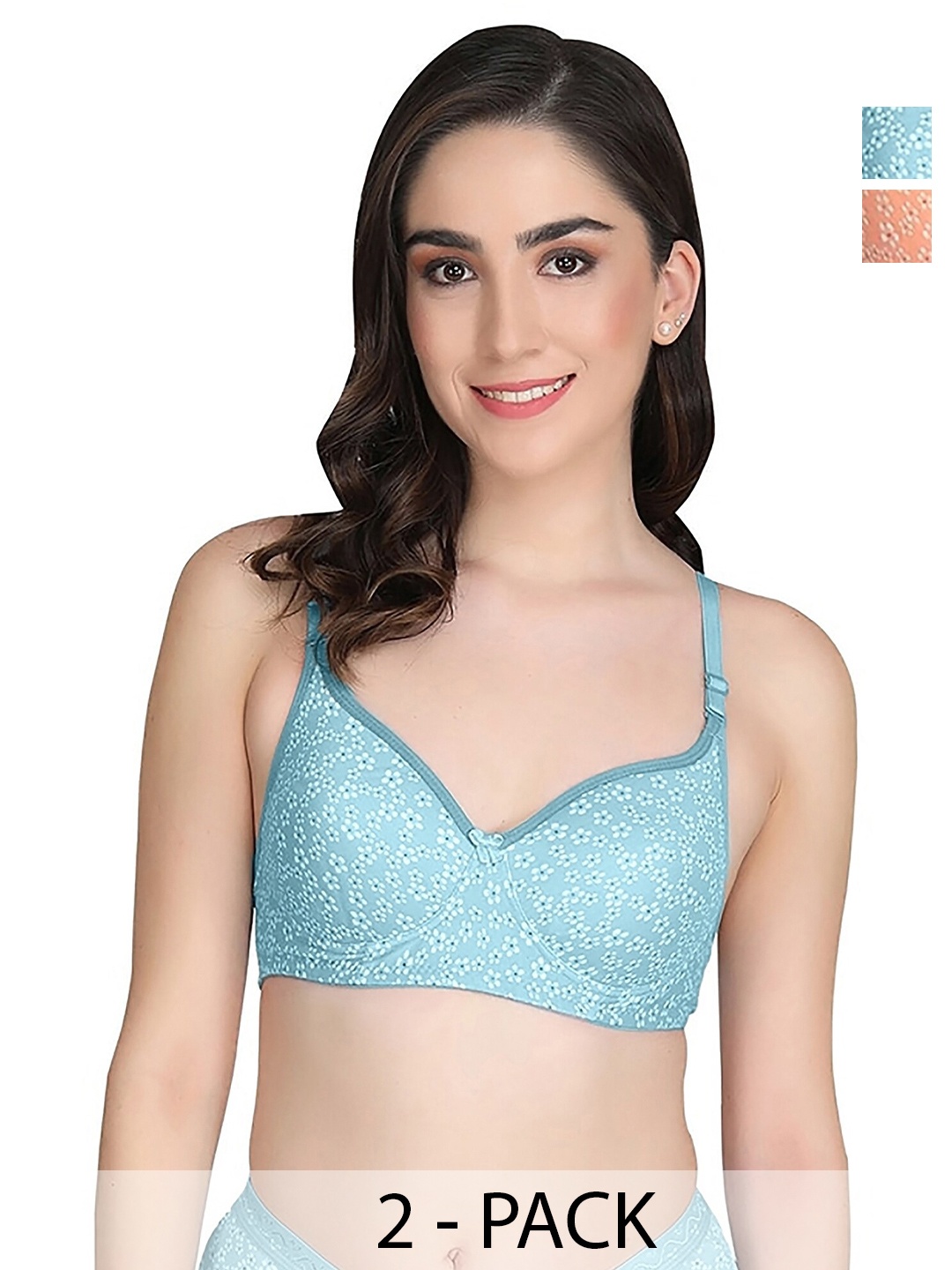 

Aamarsh Pack Of 2 Floral Printed Cotton Lightly Padded Bra & Mid-Rise Briefs, Blue