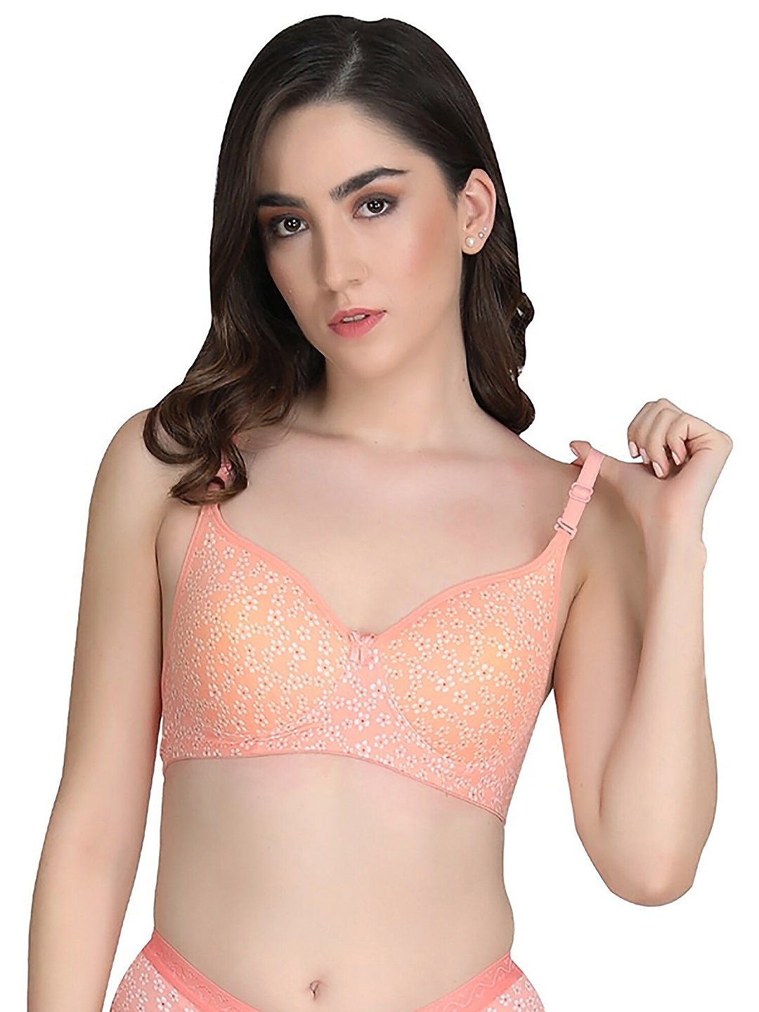 Aamarsh Floral Printed Cotton Lightly Padded Bra & Mid-Rise Briefs, Orange