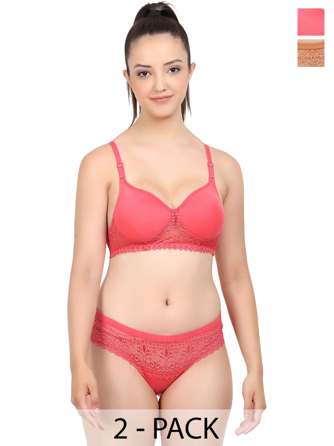 Aamarsh Pack Of 2 Lightly-Padded Cotton Lingerie Set, Red