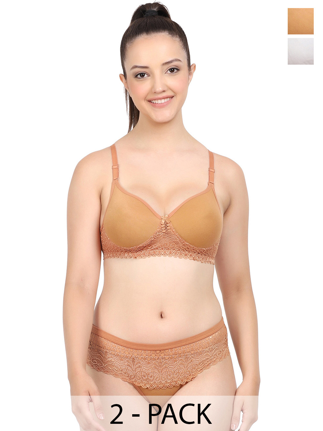 

Aamarsh Pack Of 2 Self Design Lace Detail Cotton Brief Lingerie Sets, Beige