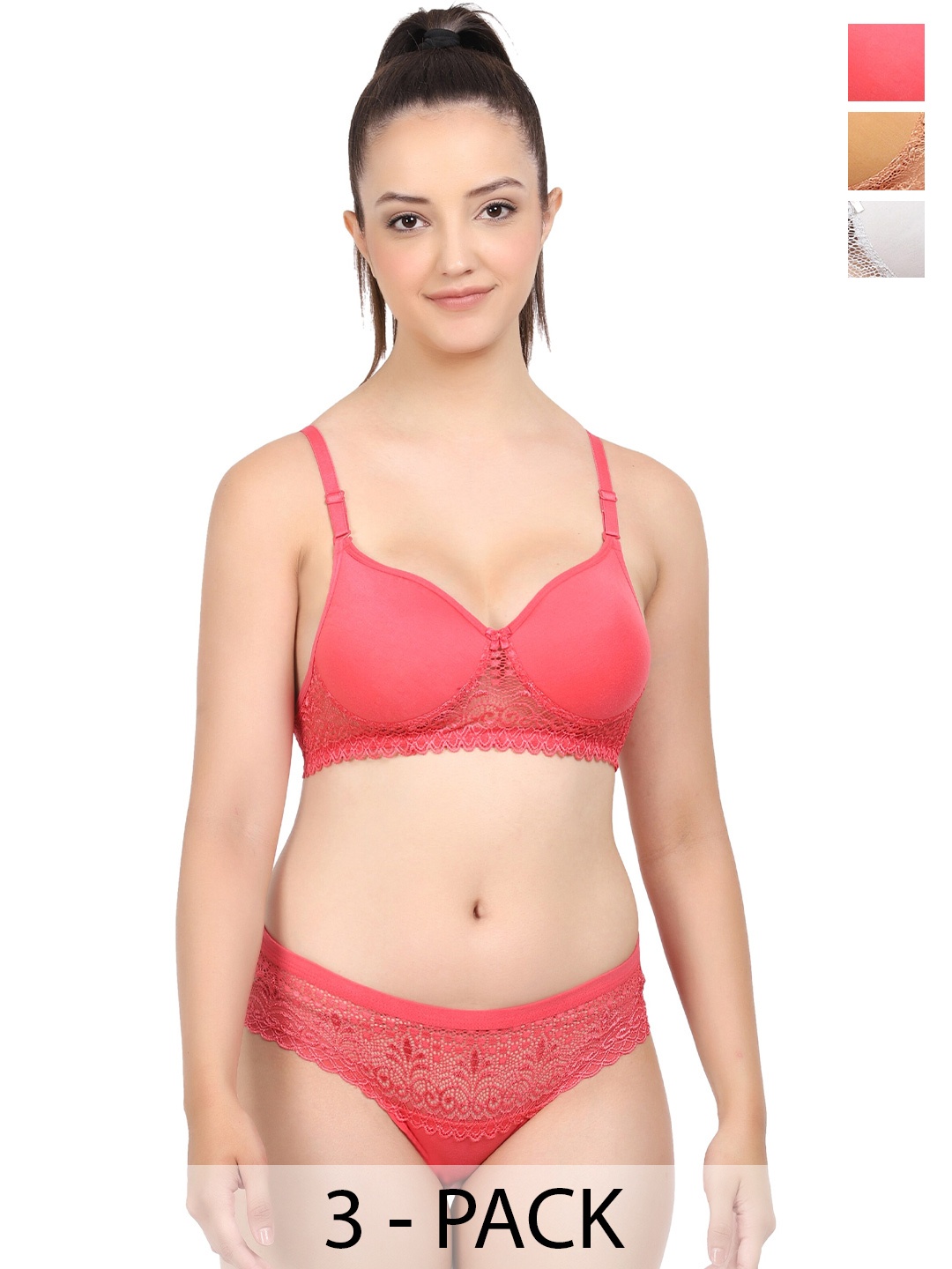 

Aamarsh Pack Of 3 Lightly Padded Cotton Brief Lingerie Set, Red