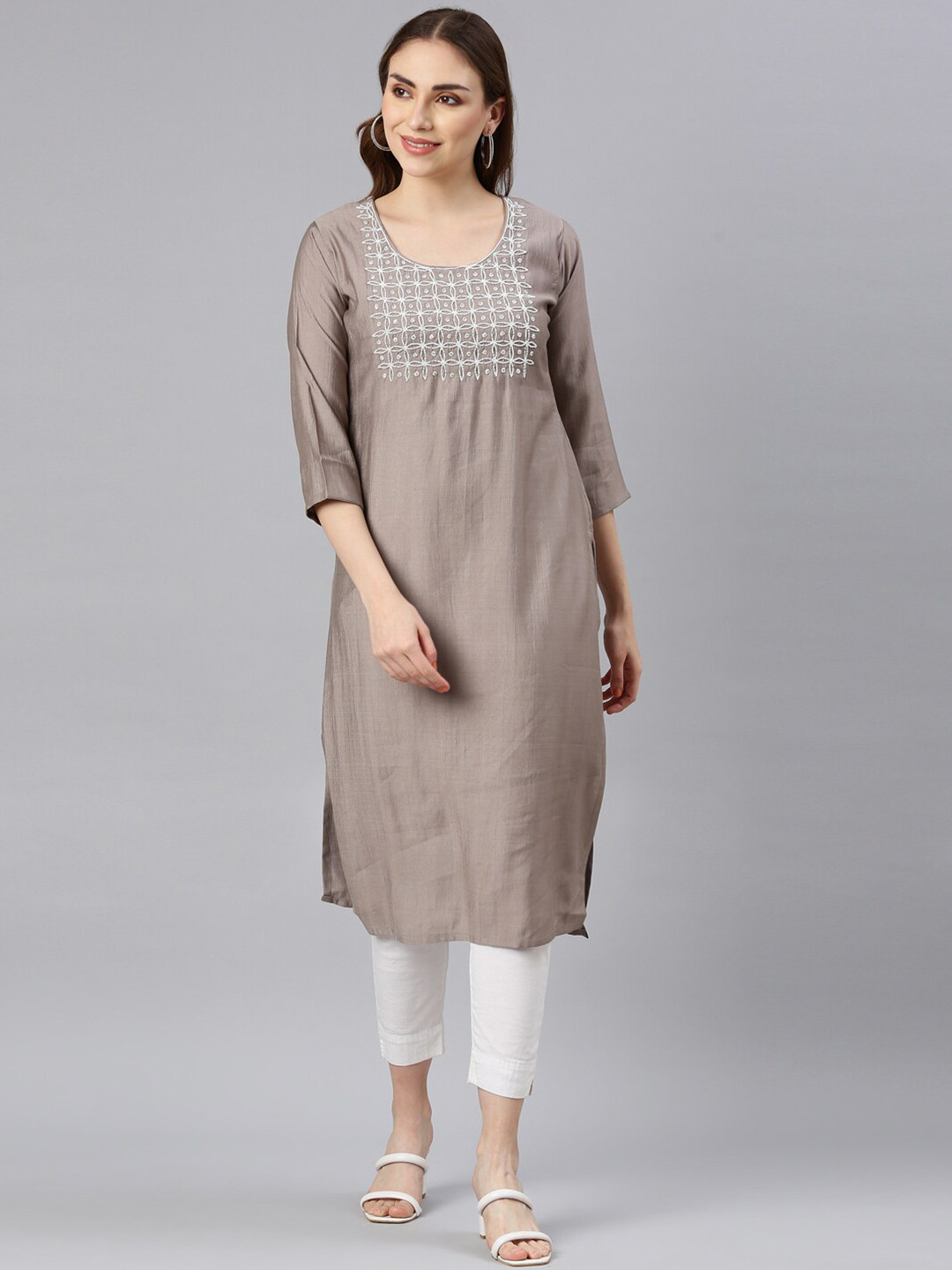

GOLDSTROMS Floral Yoke Design Beads & Stones Straight Kurta, Grey