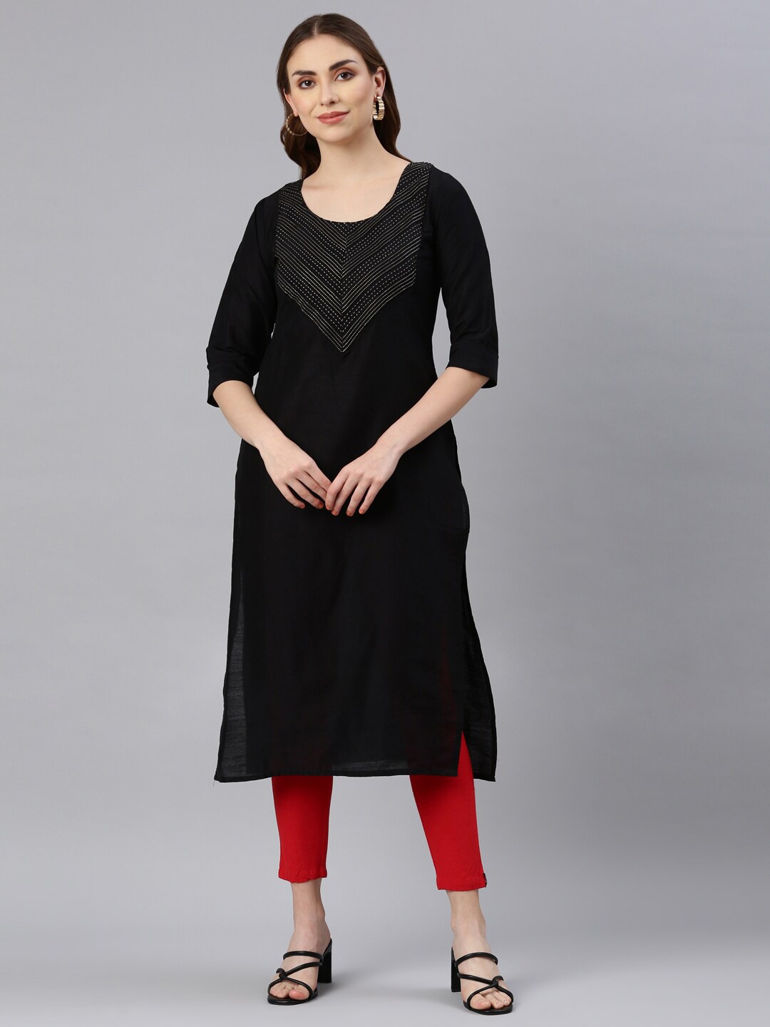 

GOLDSTROMS Floral Embroidered Sequined Straight Kurta, Black
