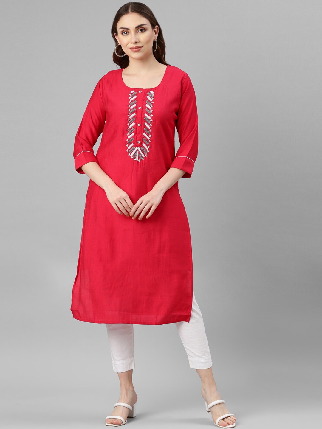 

GOLDSTROMS Geometric Embroidered Beads & Stone Straight Kurta, Red