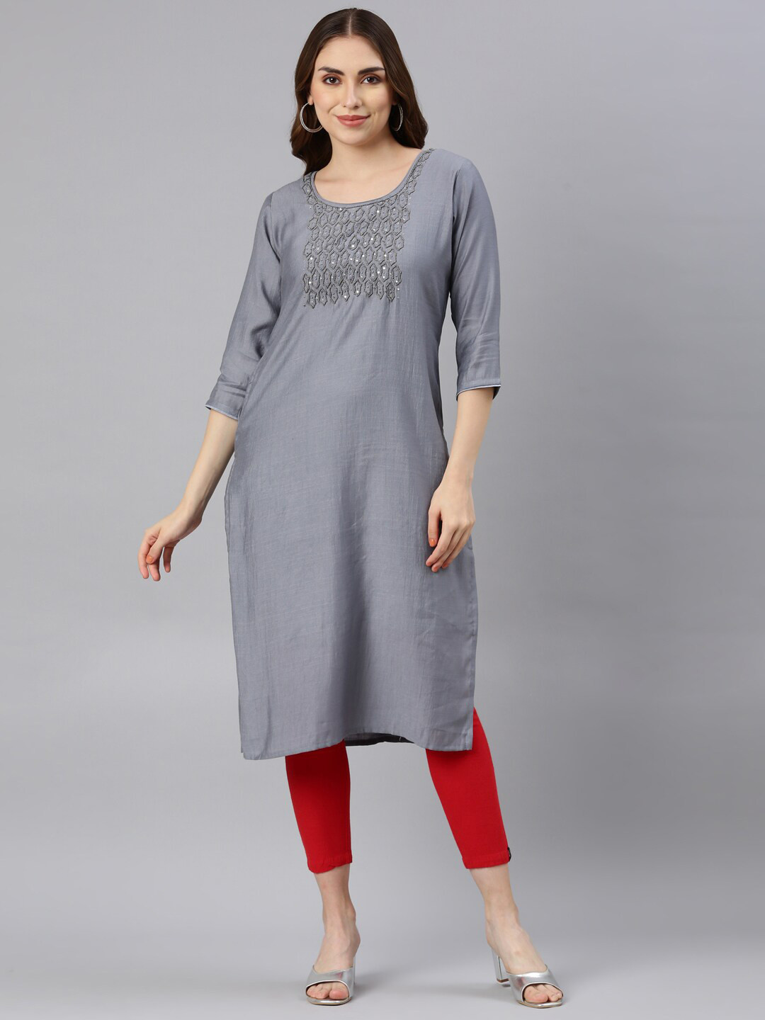 

GOLDSTROMS Geometric Yoke Design Beads & Stones Straight Kurta, Grey
