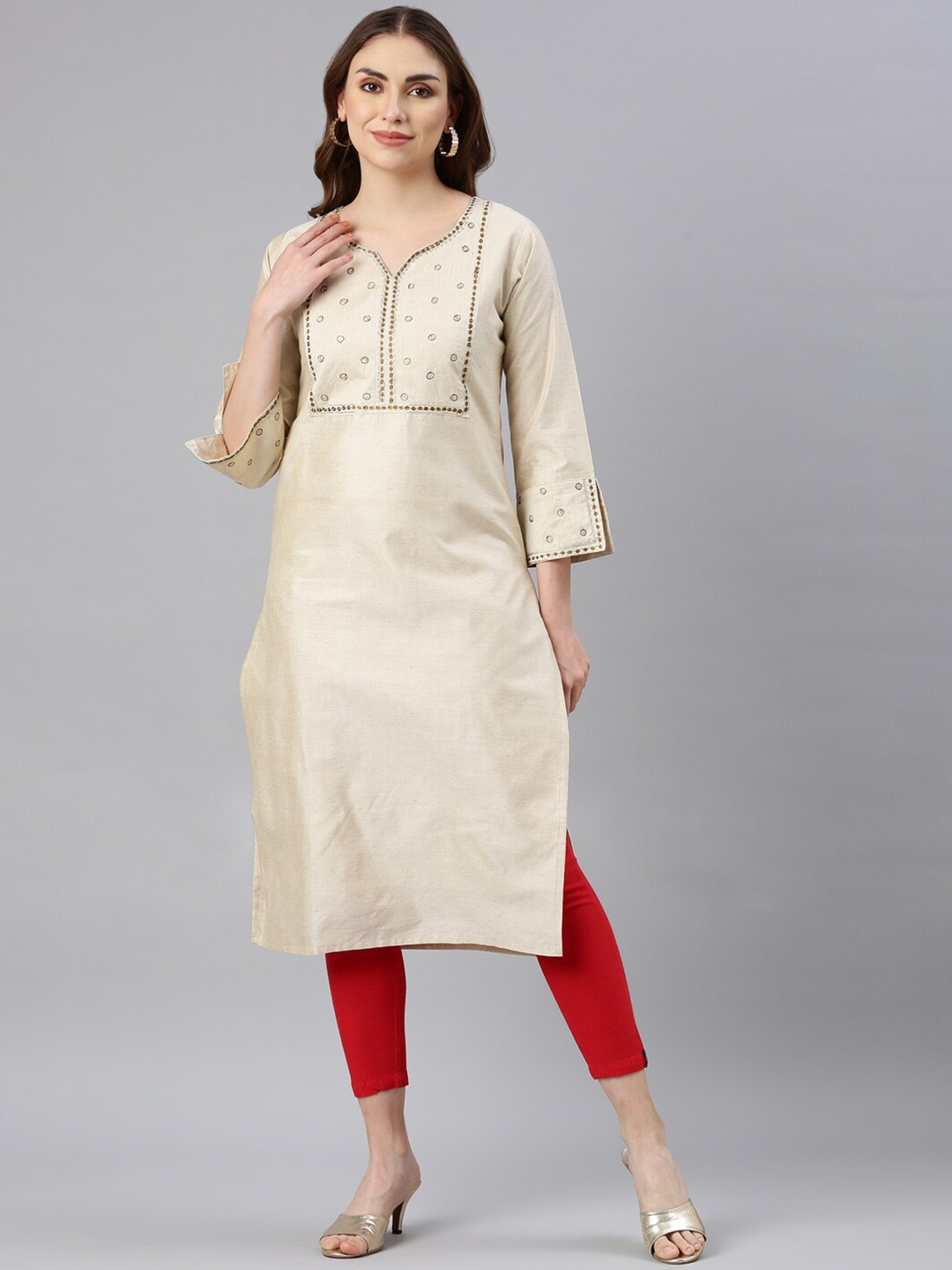 

GOLDSTROMS Floral Embroidered Sequinned Straight Khadi Kurta, Cream