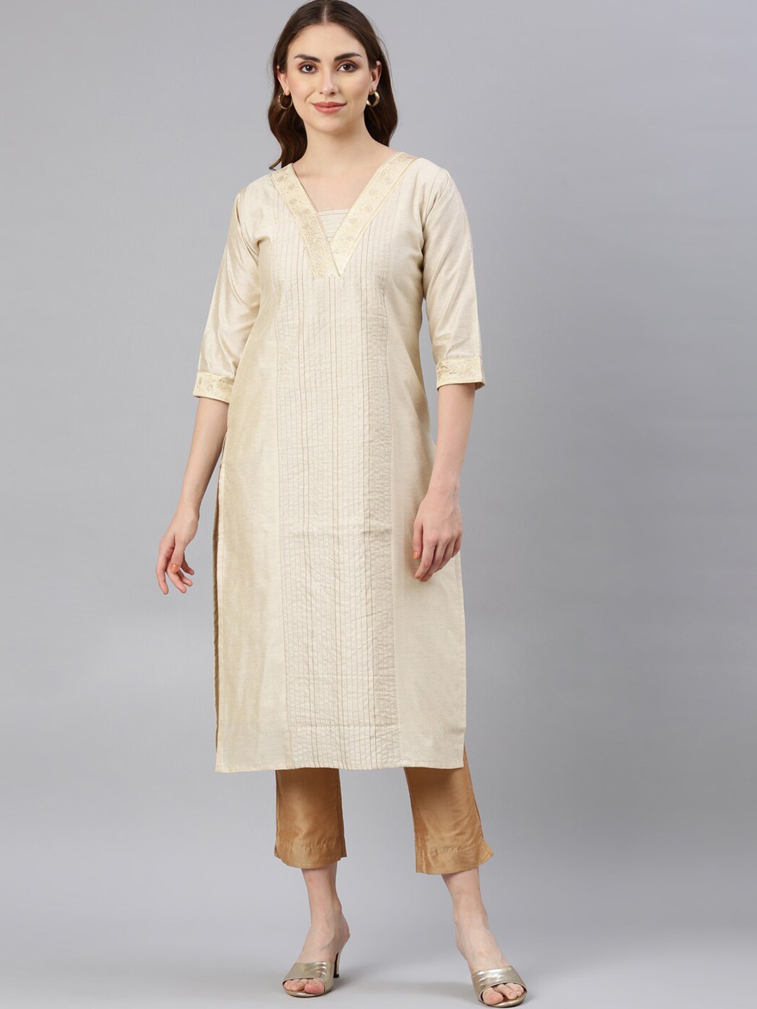 

GOLDSTROMS Floral Woven Design Straight Kurta, Cream