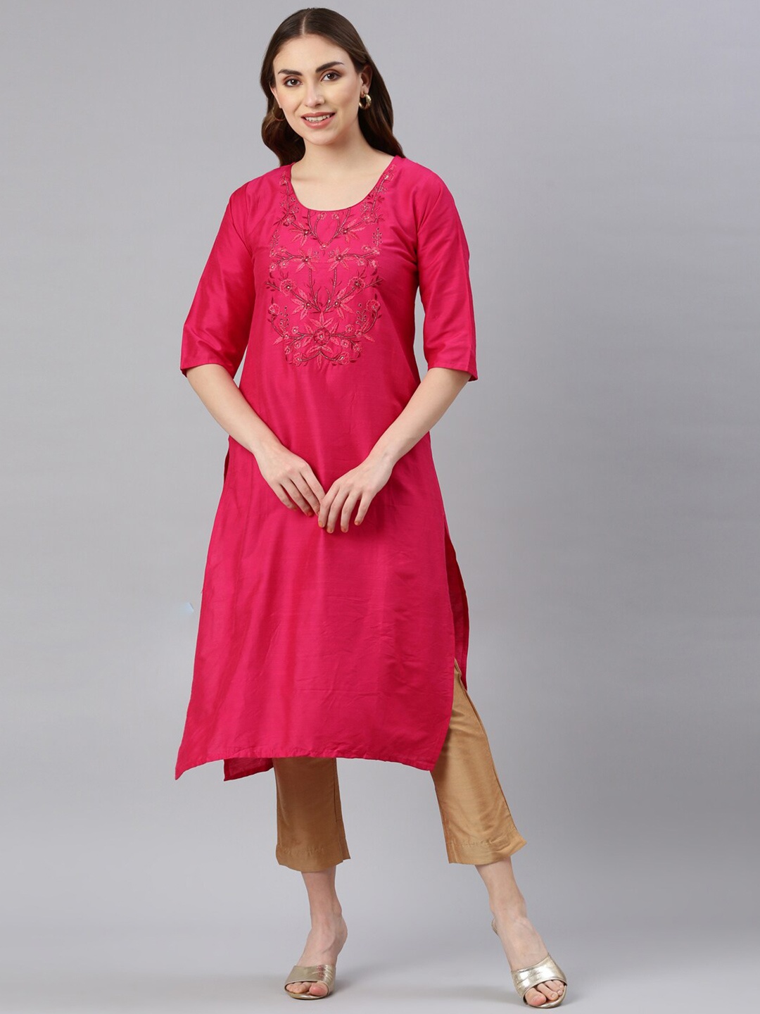 

GOLDSTROMS Floral Embroidered Straight Kurta, Fuchsia