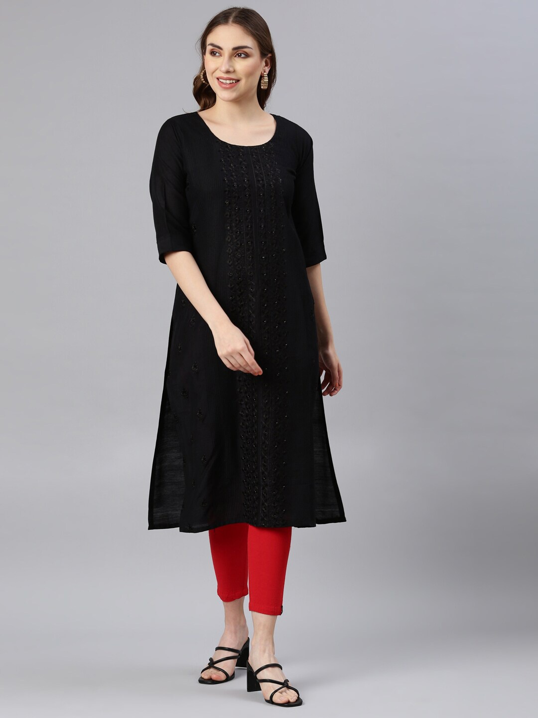 

GOLDSTROMS Floral Embroidered Sequined Straight Kurta, Black