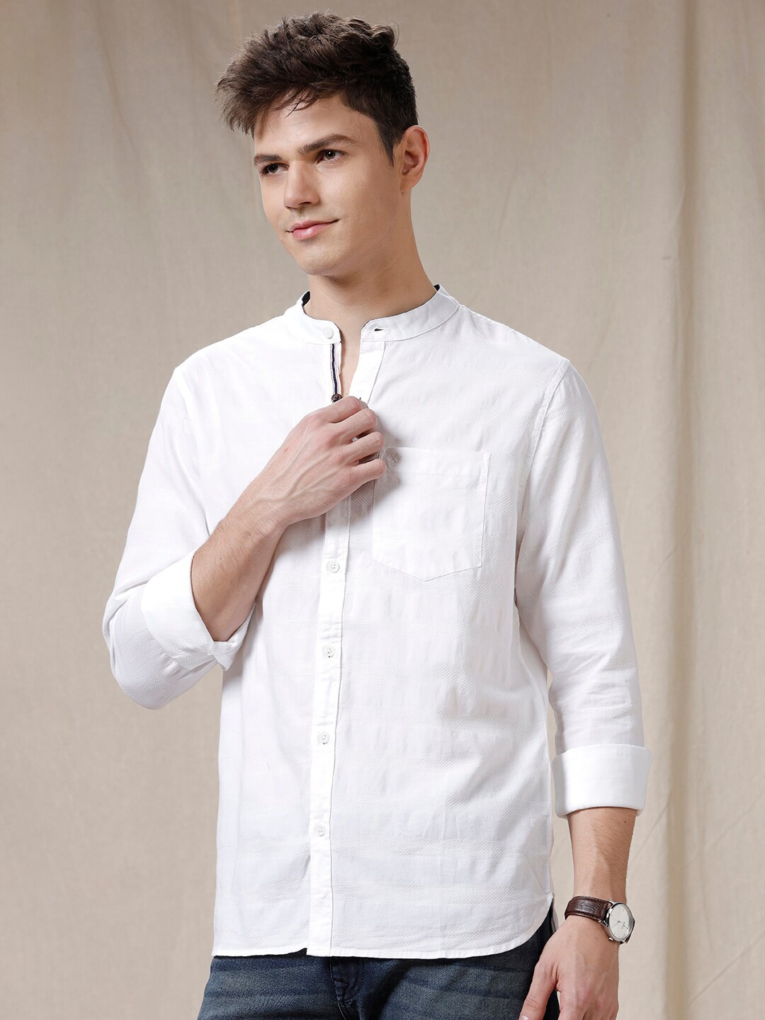 

WROGN Mandarin Collar Long Sleeves Slim Fit Casual Shirt, White