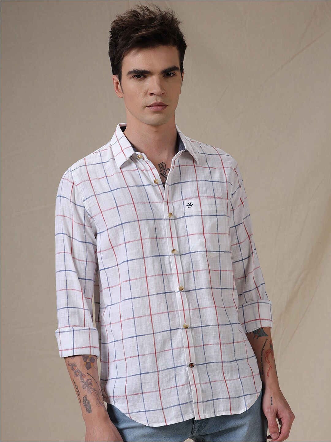 

WROGN Checked Spread Collar Long Sleeves Slim Fit Casual Shirt, White