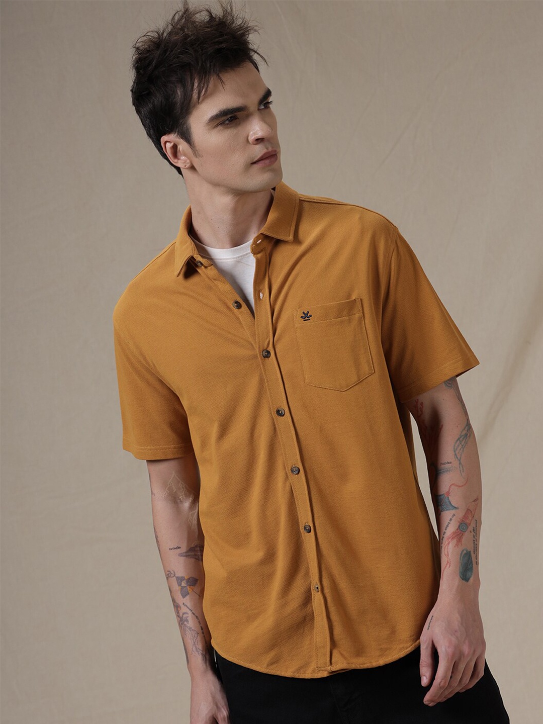 

WROGN Spread Collar Short Sleeves Casual Shirt, Mustard