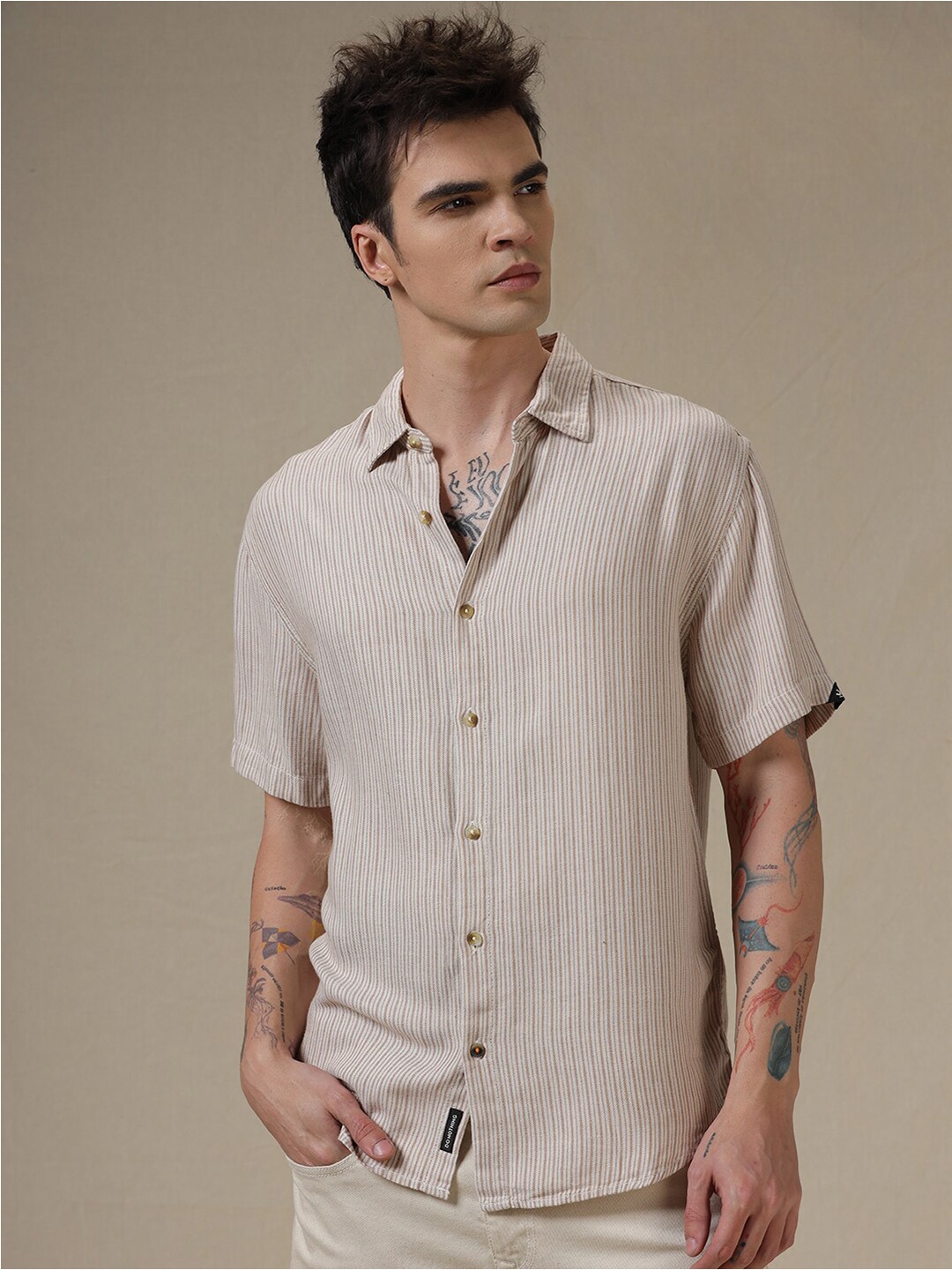 

WROGN Spread Collar Short Sleeves Casual Shirt, Beige