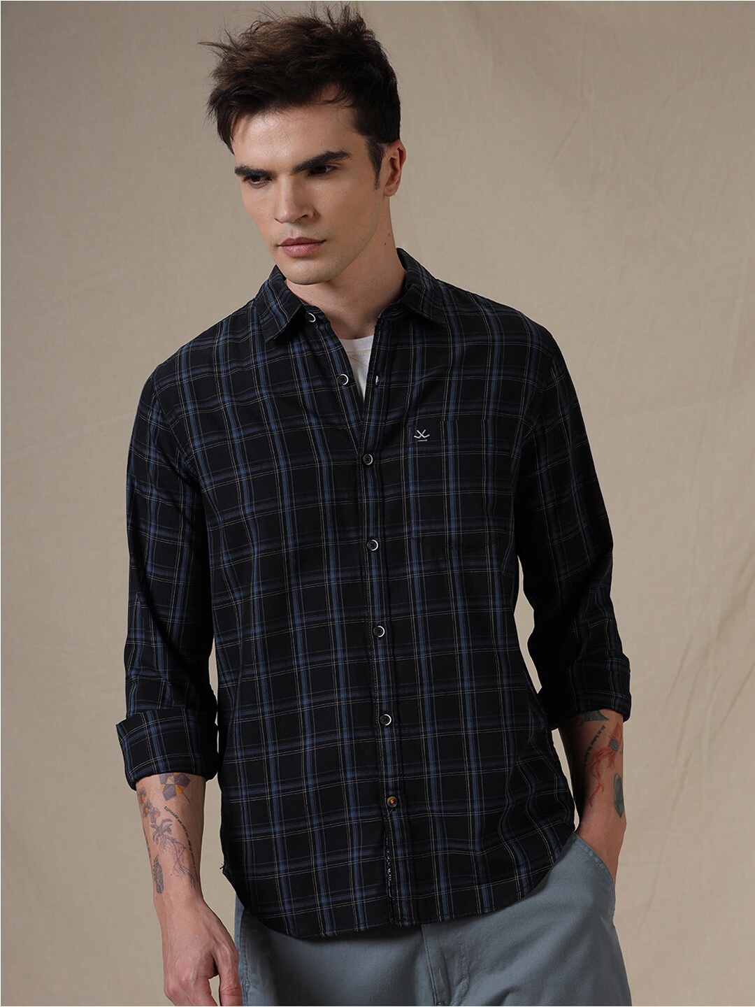 

WROGN Checked Spread Collar Long Sleeves Slim Fit Casual Shirt, Black
