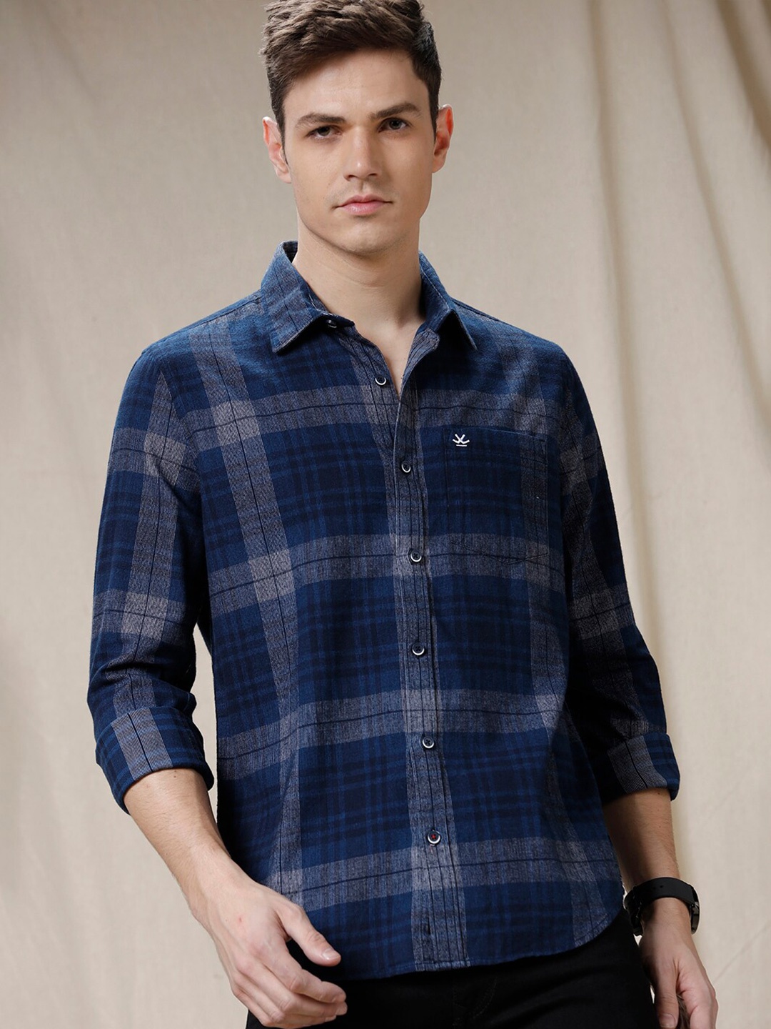 

WROGN Checked Spread Collar Long Sleeves Slim Fit Casual Shirt, Navy blue
