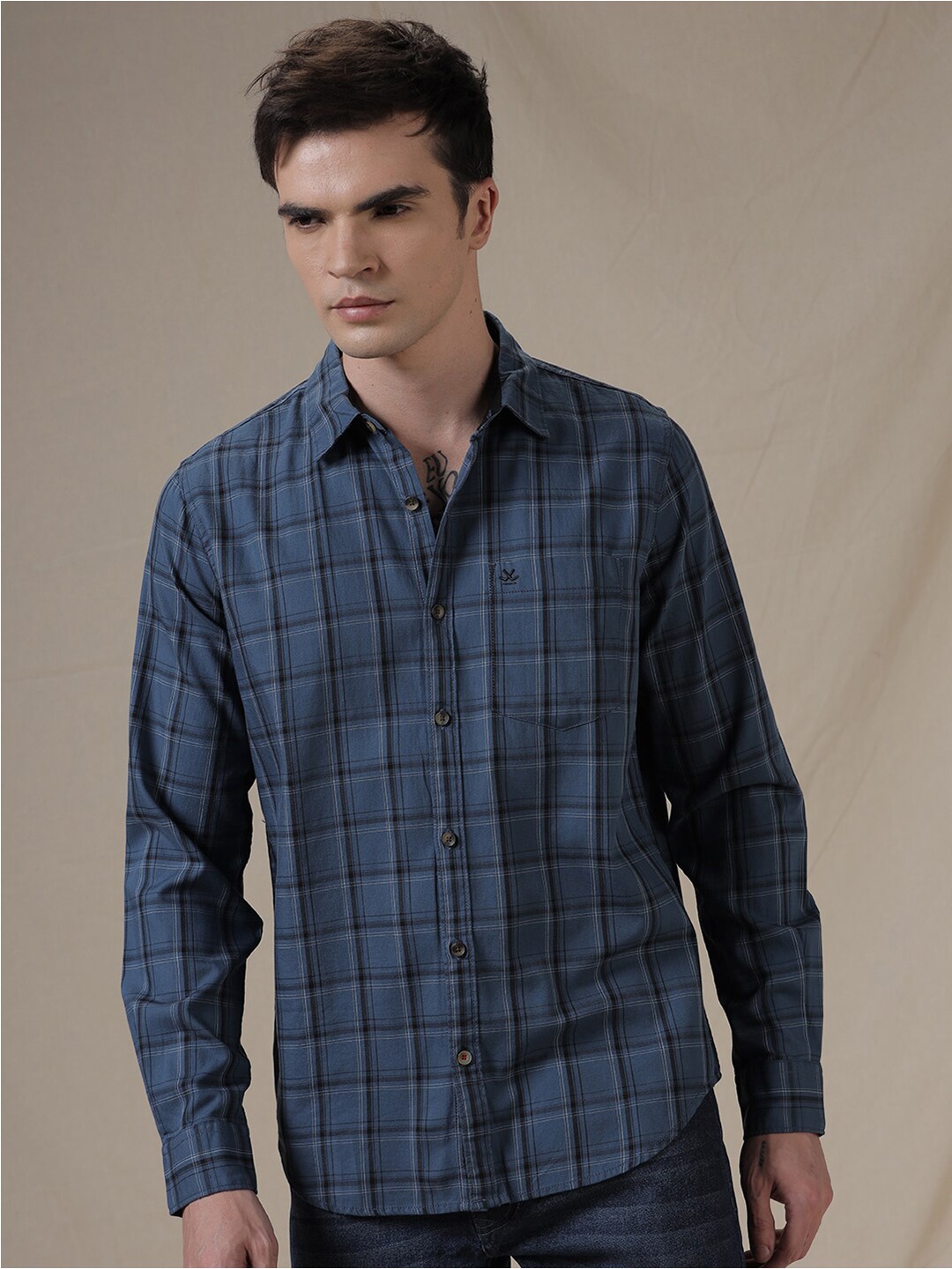 

WROGN Checked Spread Collar Long Sleeves Slim Fit Casual Shirt, Blue