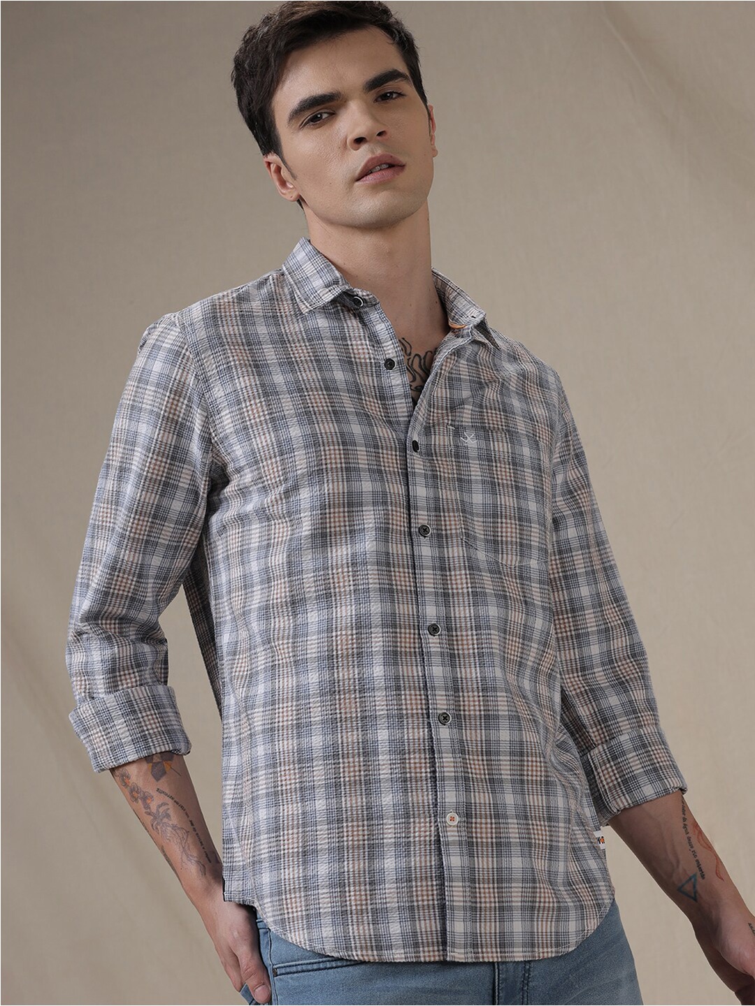 

WROGN Checked Spread Collar Long Sleeves Slim Fit Casual Shirt, Grey